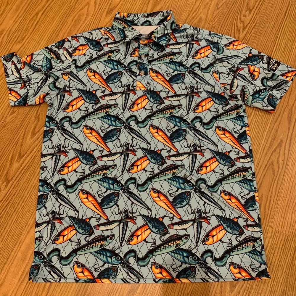 Waggle Golf Polo/Shirt Mens Large AOP Fishing Lures Performance Stretch